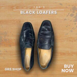 Tods Size 11 Black Leather Loafers For Men